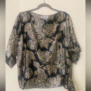 Lame 70’s Rose Print shirt blouse top 80’s gold black tie mob goth whimsy fairy